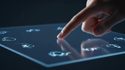 AI Generated illustration of a hand opening program on a digital touchscreen against dark background