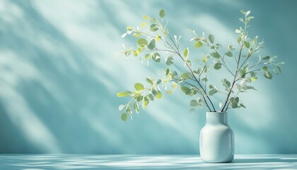 Poster - Indoor potted palm plant in a modern room with a turquoise wall and wooden floor during daylight