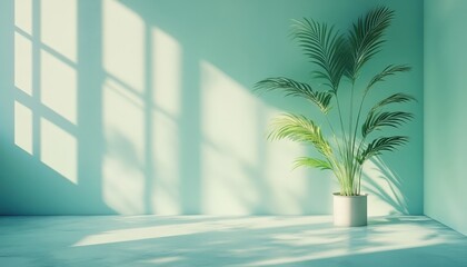 Poster - Indoor potted palm plant in a modern room with a turquoise wall and wooden floor during daylight