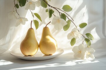 Aufkleber - Two ripe yellow pears on a white plate surrounded by delicate white flowers in soft natural light
