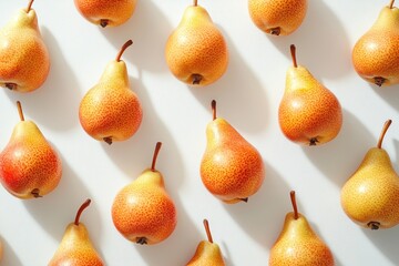 Aufkleber - Two ripe yellow pears on a white plate surrounded by delicate white flowers in soft natural light