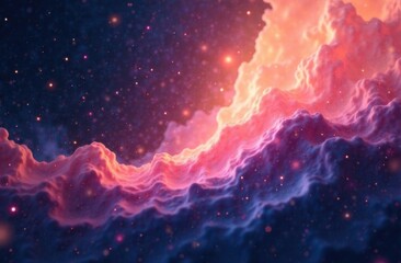 Wall Mural - Abstract cosmic landscape featuring vibrant clouds of pink and purple hues illuminated by distant stars, creating a mesmerizing celestial atmosphere with depth and texture