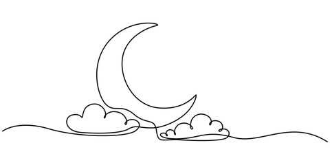 Watercolor hand drawing picture - cloud,moon and star.Good as world sleep day concept, One continuous line drawing of Moon with cloud and stars. Sweet dream concept for nursery in simple linear style.