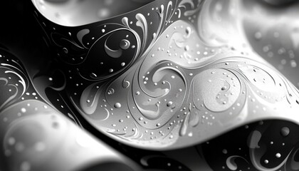 Poster - Intricate black and white design features elegant swirling patterns and droplets on textured material under soft lighting