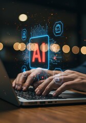 person using laptop with futuristic ai interface on a wooden surface in dim light