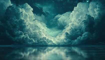 Poster - Calm evening sky reflecting on tranquil ocean surface with soft clouds illuminated by fading light in peaceful atmosphere