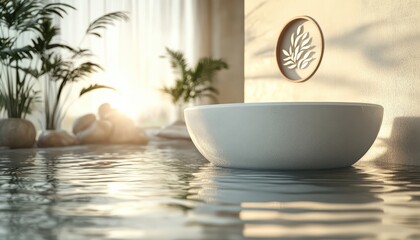Poster - Serene spa retreat featuring tranquil water bowl with sunlight streaming through lush interior plants at sunset in a calming wellness space