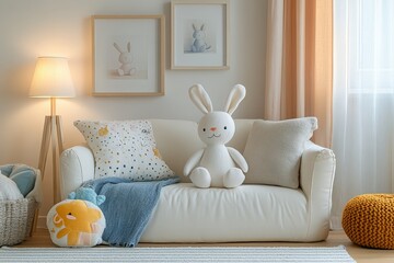 Poster - Cozy bedroom with soft lighting, plush toys, and warm decor creating a calm atmosphere for relaxation and rest during the evening hours