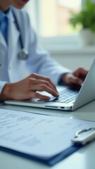 Wall Mural - a doctor typing away on their laptop at a desk, focused on work