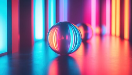 Leinwandbilder - Vibrant geometric setup with a round sphere at the center in a colorful, modern environment featuring layered steps and striking lighting effects