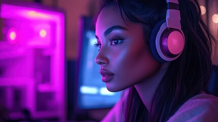 Aufkleber - Young woman with curly hair and glasses working in a modern office environment, engaged in a conversation while wearing a headset during an evening online meeting