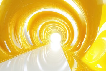 Poster - Bright yellow tunnel leads to glowing light at the end, creating an inviting and surreal atmosphere for exploration in a modern art space