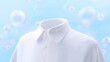 © AMK  - White shirt mock up with collar displayed against a soft blue background featuring bubbles, ideal for showcasing fashion designs and branding concepts in a clean aesthetic