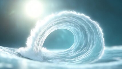 Poster - Ocean Wave: Captivating image showcasing a pristine, photorealistic ocean wave forming a perfect circular loop against the bright sun, symbolizing the raw energy and beauty of the sea.