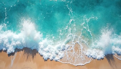 Aufkleber - Aerial top view of turquoise ocean water with foamy waves splashing sandy shore. Beautiful seascape, white sea foam, blue water, splash. Tropical beach coast summer vacation concept.