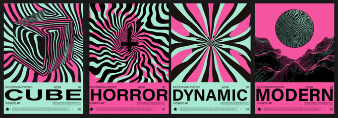 Fototapete - Striking vector posters in the trendy Neo-Psychedelic and modern Y2K style, with wavy lines, optical illusions, bold cubes, and surreal landscapes in neon pink and mint—reflecting 2025 art trends.