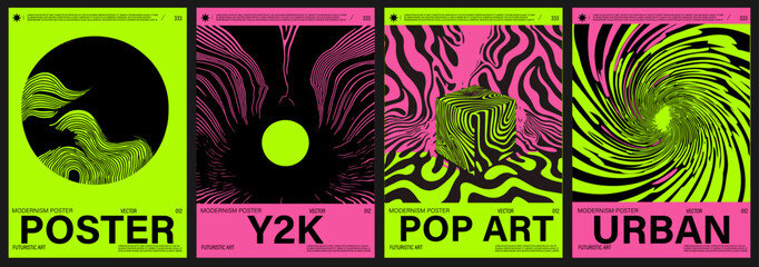 Fototapete - Vibrant vector posters in Neo-Psychedelic and Y2K-inspired style, featuring optical illusions, wavy lines, and bold neon pinks and greens—a popular 2025 trend in modern digital art.