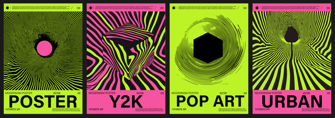 Fototapete - Vibrant vector posters in Neo-Psychedelic and Y2K-inspired style, featuring optical illusions, wavy lines, and bold neon pinks and greens—a popular 2025 trend in modern digital art.
