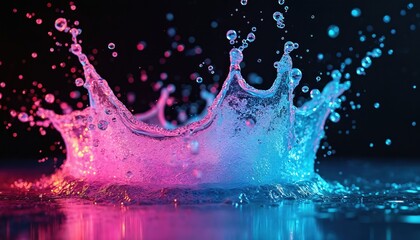 Poster - Splash of water on neon light background. Bright blue, purple colors with abstract 3D shapes, glowing surface texture. Clean, transparent, digital paint effect in futuristic vibrant style.