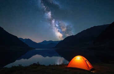 Aufkleber - Stunning Milky Way over Ibon De Estanes lake in Pyrenees mountains, Spain. Camping tent glows with light at lake shore at night. Dark mountain range silhouettes. Amazing cosmos, starry sky with