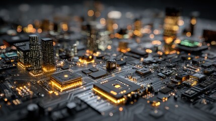 Poster - Cityscape Made of Computer Circuit Board, Representing Digital Transformation and Technological Innovation in Urban Planning : Generative AI