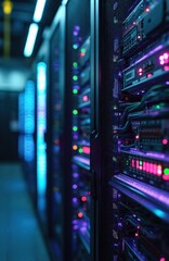 Poster - Data center server rows with multiple machines, networking equipment. Modern infrastructure with high-speed data processing, secure digital storage. Network servers for cloud computing, data backup,