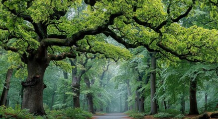 Poster - Lush Green Forest Canopy With Foggy Path, Representing Natural Beauty and Environmental Awareness for Conservation Efforts and Outdoor Recreation : Generative AI