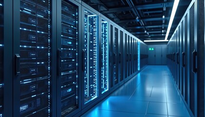 Aufkleber - Modern data center featuring rows server racks with blue lights. Highlights advanced IT infrastructure, server room, database, analytic, efficiency, cloud tech, network.