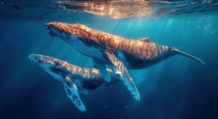 Aufkleber - Two Humpback Whales Swimming Underwater in Sunlight, Showcasing Marine Conservation and Ocean Exploration, Perfect For Environmental Awareness Campaigns : Generative AI