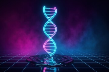 Fototapete - Neon DNA Helix in a Futuristic Setting with Reflections