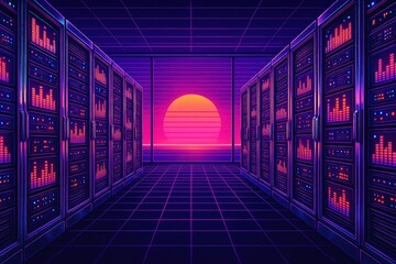 Aufkleber - Futuristic Data Center at Sunset with Neon Aesthetics