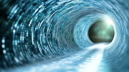 Poster - Abstract Data Tunnel: Swirling data streams converge in a tunnel, leading to a distant light, symbolizing the movement of information through technology.