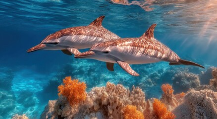 Aufkleber - Two Dolphins Swimming in Clear Blue Ocean Water Near Coral Reef, Representing Marine Conservation and Underwater Exploration Adventure : Generative AI