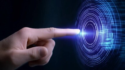 Leinwandbilder - Digital Touch: A fingertip gently touches a glowing blue digital interface, symbolizing connection, innovation, and the power of technology.