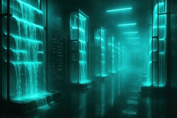 Fototapete - Futuristic Data Center with Glowing Waterfalls and Ambient Fog