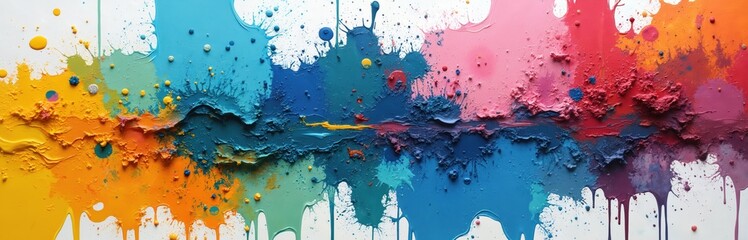 Aufkleber - Abstract artwork with vibrant multicolored acrylic paint splashes. Colorful paint drops, smudges, splatters on white background. Chaotic design, texture, artist creating artistic look. Modern art for