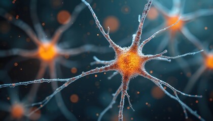 Poster - Illustration of neuron cells neural network under microscope. Conceptual image brain, neurology, mind, mental impulse, biology, intelligence connection system, science background.