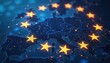 © miss irine - Illustration of European Union map, glowing stars. NIS2 Directive EU law aims strengthening cybersecurity across European Union, secure digital single market. Cyber security, data protection concept.