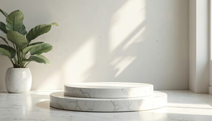 Aufkleber - White marble table with indoor plant, minimalist style. Modern home decor design with natural light shadow. Empty podium for product display. Stylish interior with green leaves.