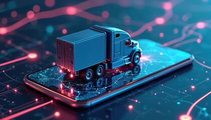 Poster - Illustration Smart logistics, future transport tech concept. Truck on smartphone screen, digital map data network, showing automation, route tracking, global shipping, delivery. Innovation, supply