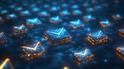 Poster - Digital Messaging: A network of illuminated email symbols representing the interconnectedness of digital communication in an ethereal blue and gold cyber space.