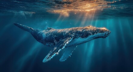 Aufkleber - Humpback Whale Swimming Underwater with Sun Rays, Showcasing Marine Conservation and Ocean Exploration, Ideal for Educational Content or Environmental Awareness Campaigns : Generative AI