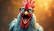 © miss irine - Illustration of crazy chicken wearing glasses yelling with mouth open. Rooster character, with bright cartoon illustration of rooster in comic style. Funny rooster shouts loudly, bird portrait, humor.