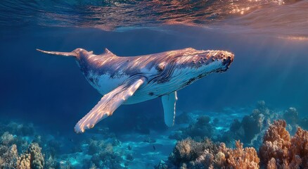 Aufkleber - Humpback Whale Swimming Gracefully Underwater Near Coral Reef, Showcasing Marine Conservation and Ocean Exploration : Generative AI