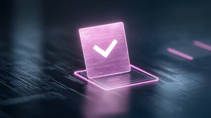 Poster - Cybernetic Tick: Glowing neon tick hovers over a surface infused with intricate circuitry, embodying digital verification, futuristic agreement, and tech assurance.