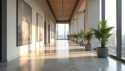 Poster - Empty hotel corridor with long walls stretches towards glass window at end. Plants with green leaves in pots. Daylight from window. Minimalist design, modern architecture. Luxury, serene, peaceful