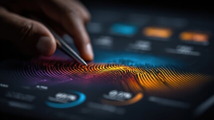 Fototapete - Fingerprint Scan on Digital Tablet with Stylus, Representing Biometrics, Data Security and Identity Verification for Modern Technology Solutions : Generative AI