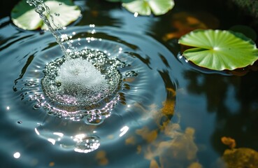 Leinwandbilder - Clear water stream creates bubbles on pond surface. Light reflects in water, creating a beautiful ripple pattern. Natural refreshing aqua background with water lily pads. Clean water, wellness.