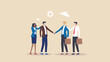 © Qadeer - Building Bridges A diverse team celebrates new partnerships and shared goals with a clean minimalist