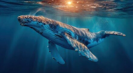Poster - Humpback Whale Swimming Underwater in Sunlight, Symbolizing Marine Conservation and Ocean Exploration, Ideal for Environmental Awareness Campaigns : Generative AI